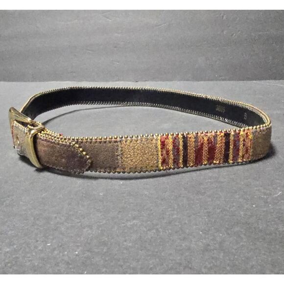 Patchwork Fabric Belt Womens Small Brown Gold Boho Made in USA 3605 Beaded Edge - Picture 8 of 12